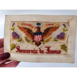Antique WWI French Embroidered Silk Souvenir Postcard American Eagle & Shield